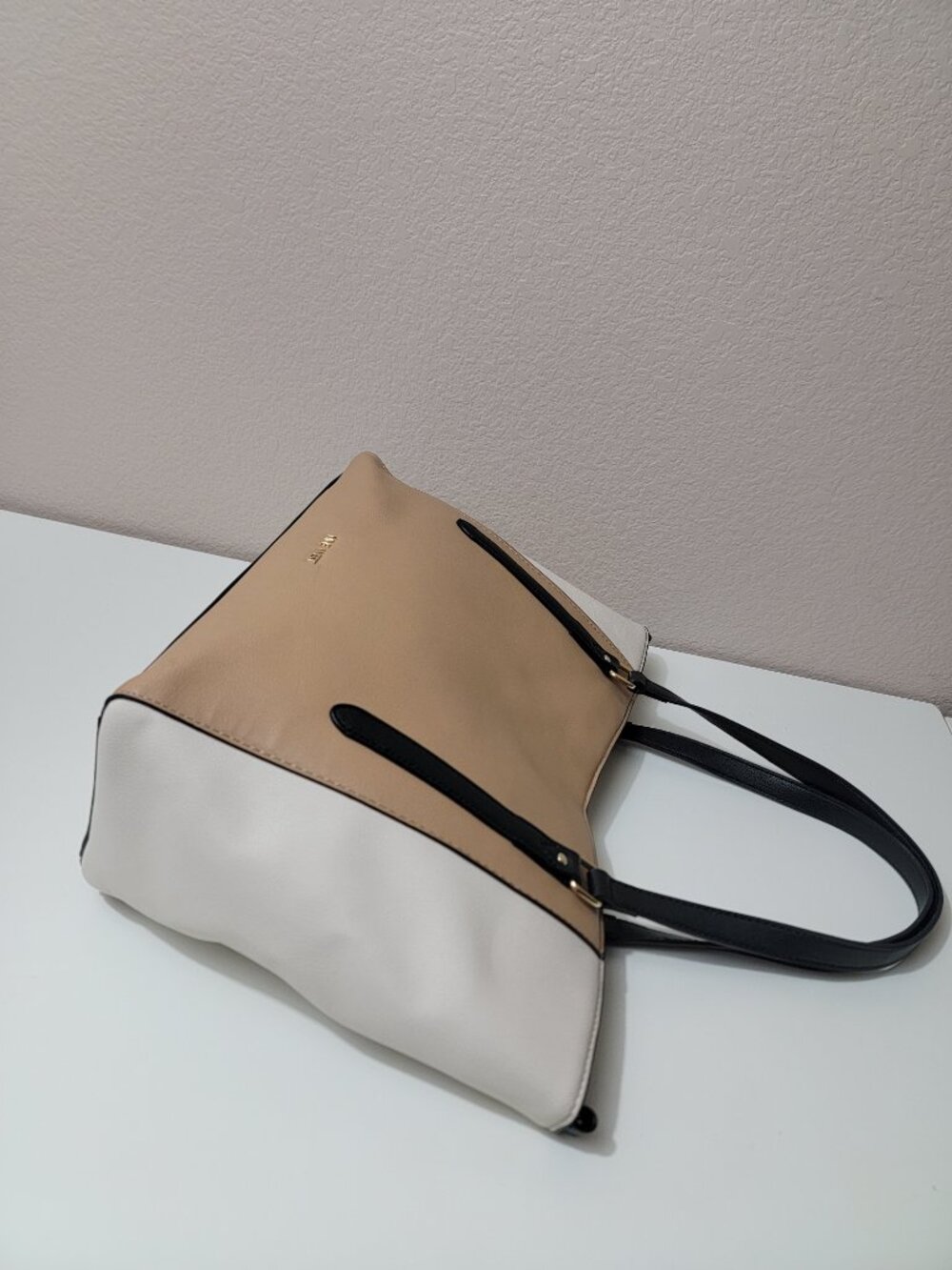 Nine West Colorblock Tote Bag Camel Cream Black Large Shoulder Purse Handbag - Picture 5 of 9